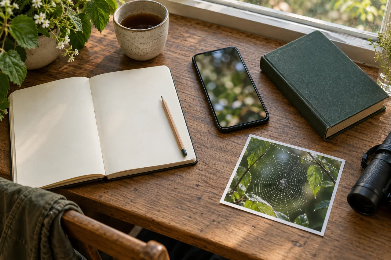 Scrivania realistica da naturalista con un telefono che mostra solo una foto sfocata, un quaderno vuoto e una guida da campo senza etichette