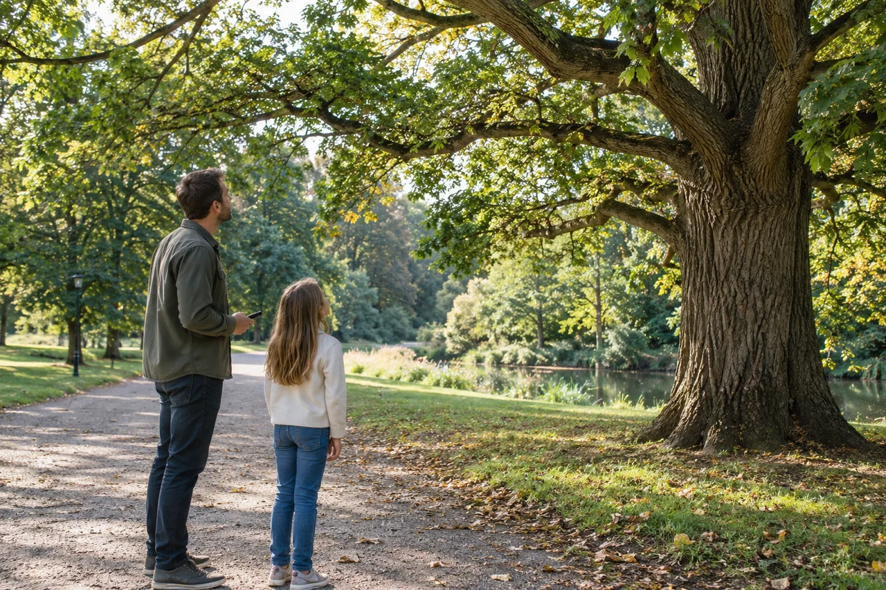 Un genitore e un bambino osservano un albero maturo da un sentiero del parco, tenendo il telefono basso