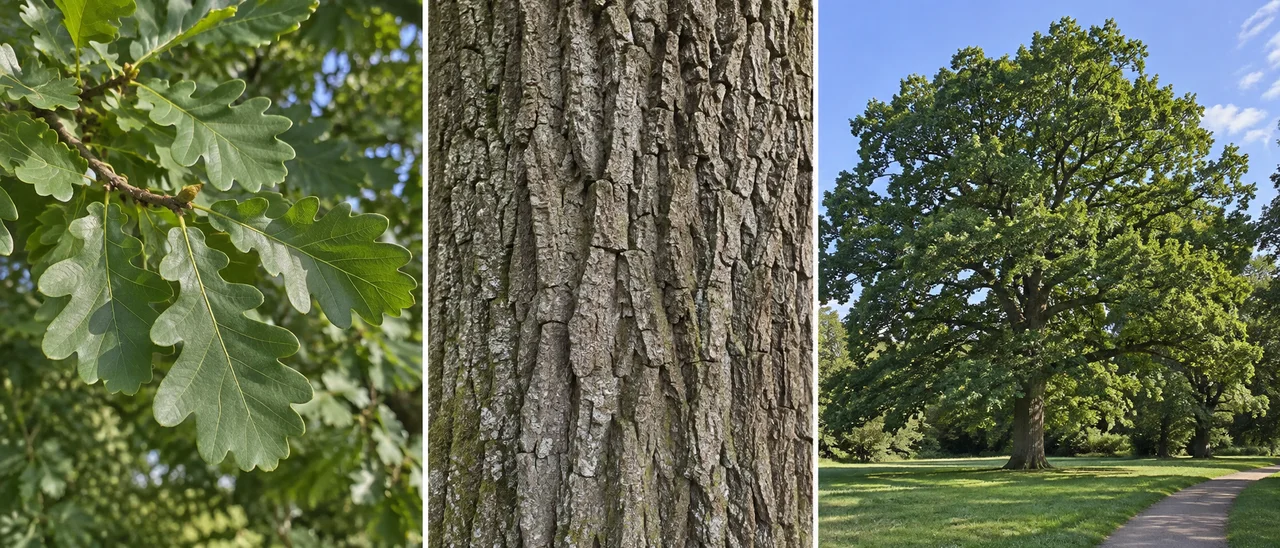 Tre viste realistiche della stessa quercia: un rametto con foglie, una corteccia ruvida e l'albero intero