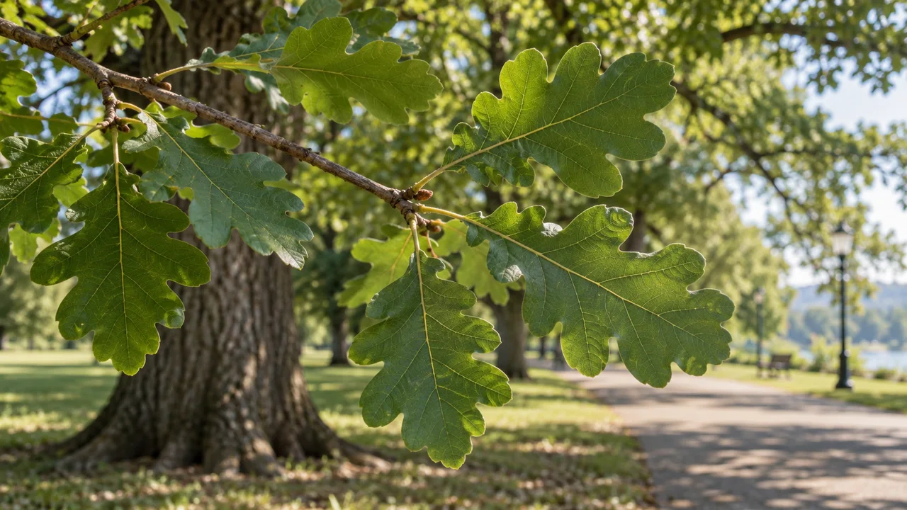 Primo piano realistico di foglie lobate attaccate a un rametto vivo, accanto al tronco di un albero del parco