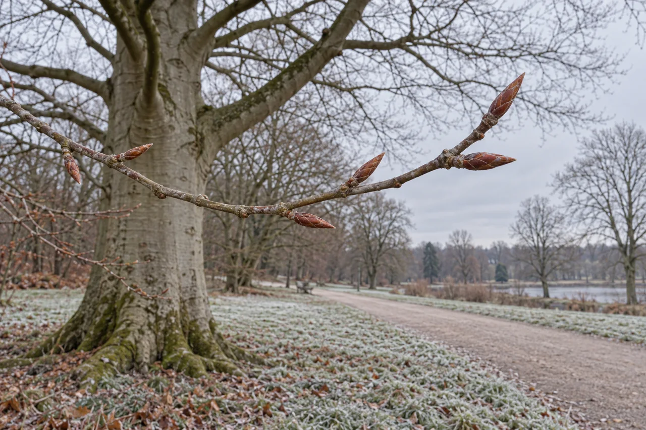 Un albero spoglio in inverno accanto a un sentiero, con in primo piano un rametto dettagliato e gemme intatte
