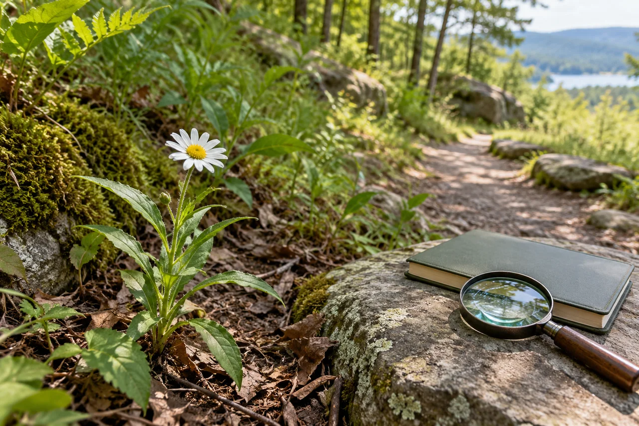 Un fiore spontaneo accanto a un quaderno da campo e a una lente d'ingrandimento su un sentiero