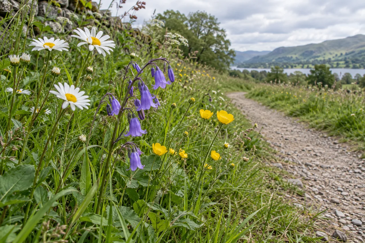 Différentes fleurs sauvages qui poussent au bord d'un chemin de prairie