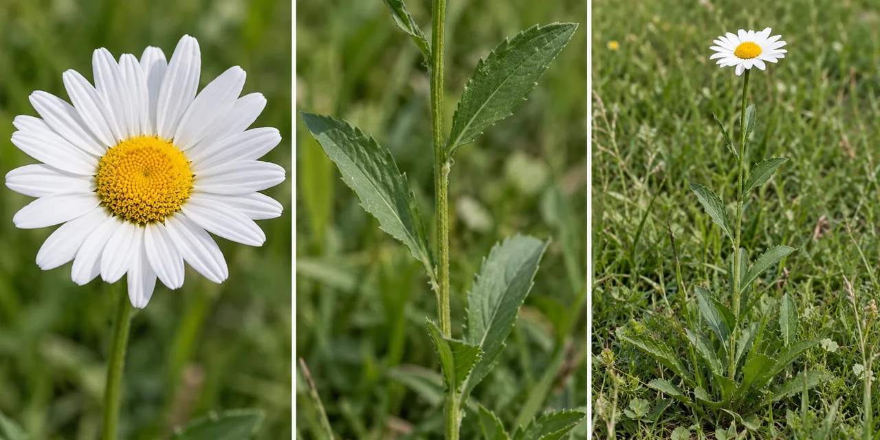 Vues rapprochées d'une fleur de type pâquerette intacte, de ses feuilles et de sa tige entière
