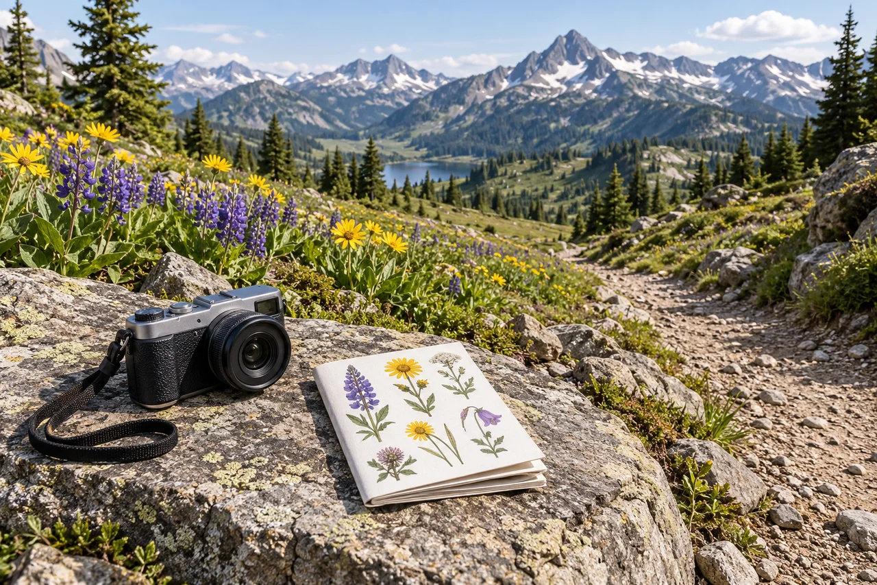 Un guide régional imprimé des fleurs et un appareil photo posés près d'un sentier de montagne