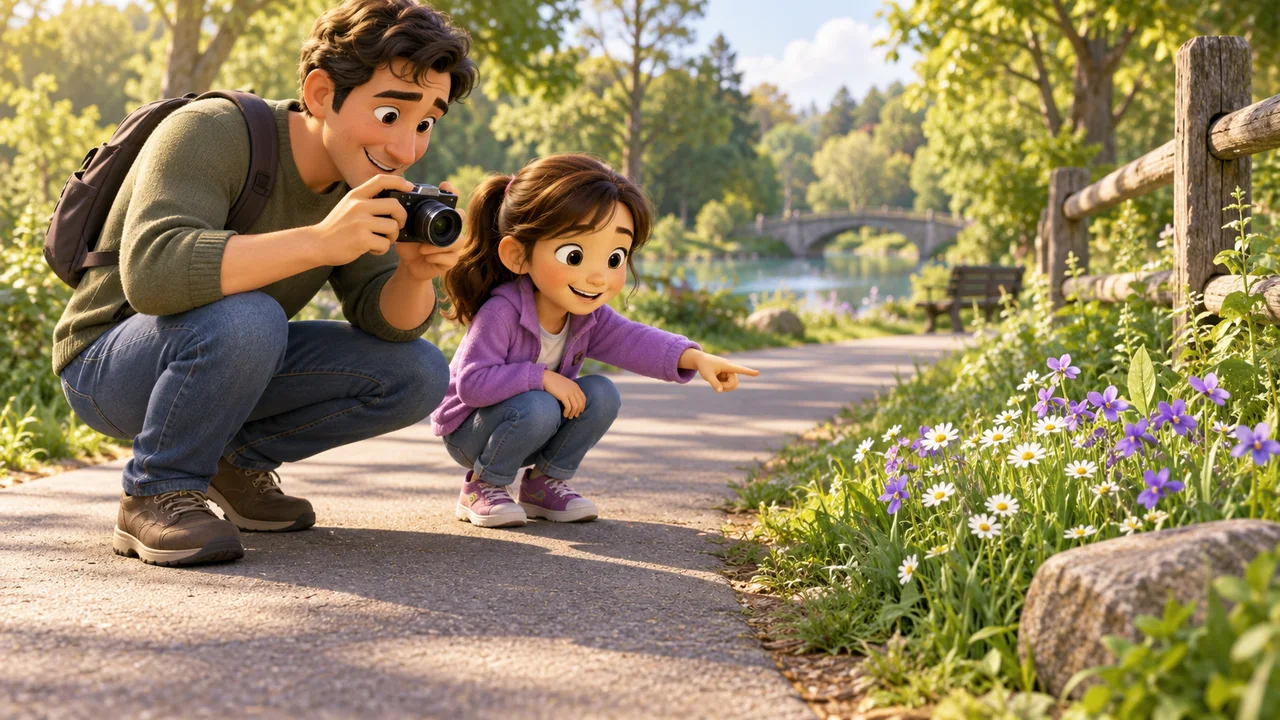 Un parent et un enfant observant des fleurs depuis un chemin de parc sans les cueillir