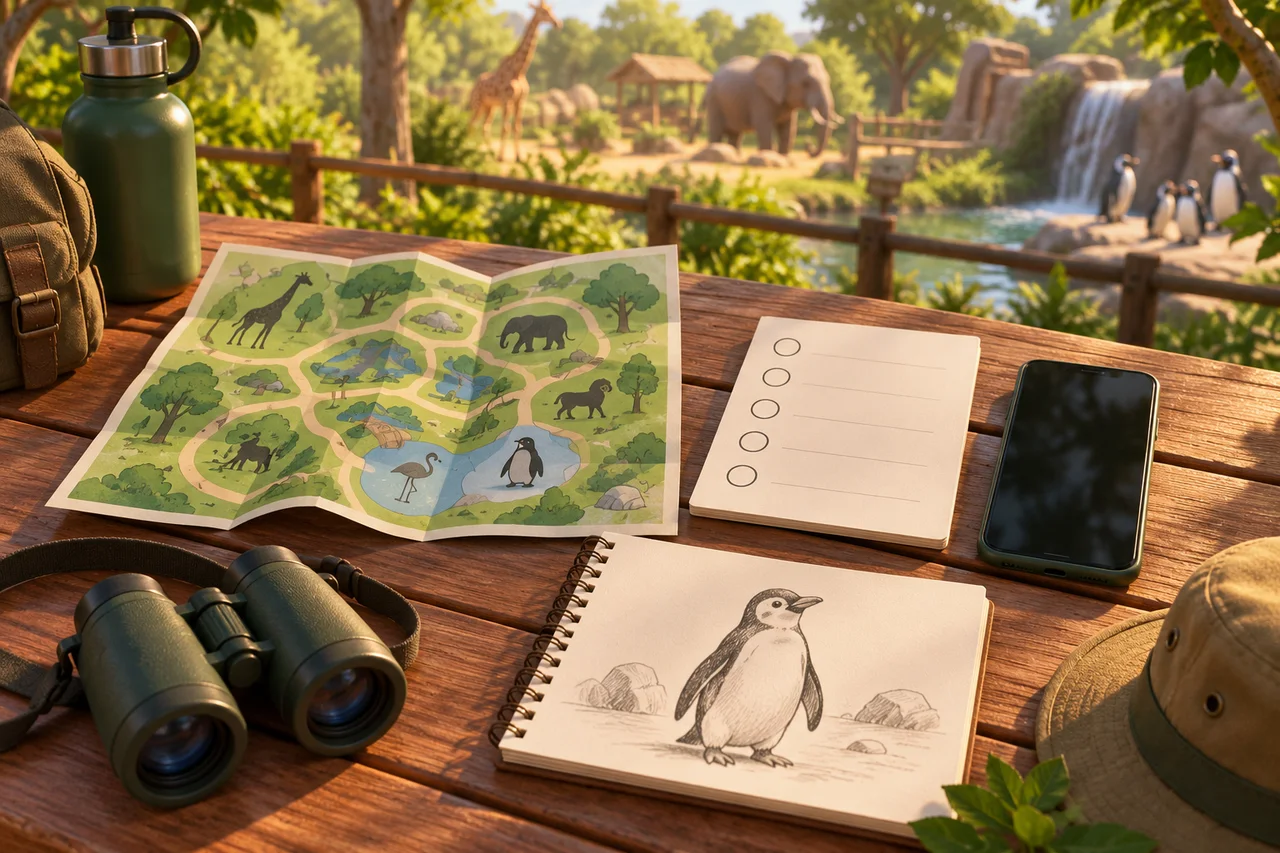 Kit illustrato per pianificare la visita allo zoo con una mappa piegata, una lista vuota, un telefono e un album da disegno di animali