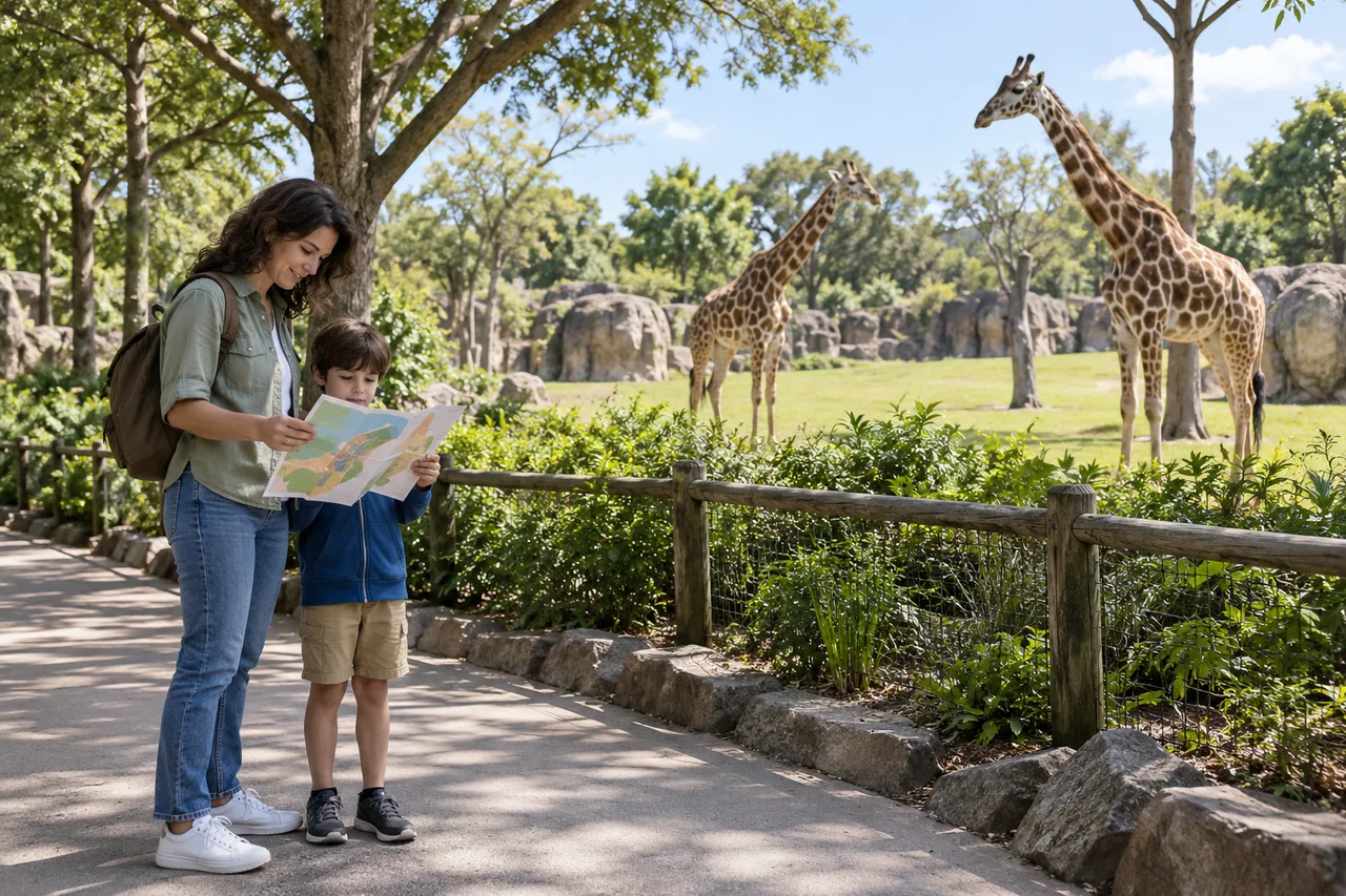 Un parent et un enfant étudiant un plan papier sur une large allée du zoo, devant l'enclos des girafes