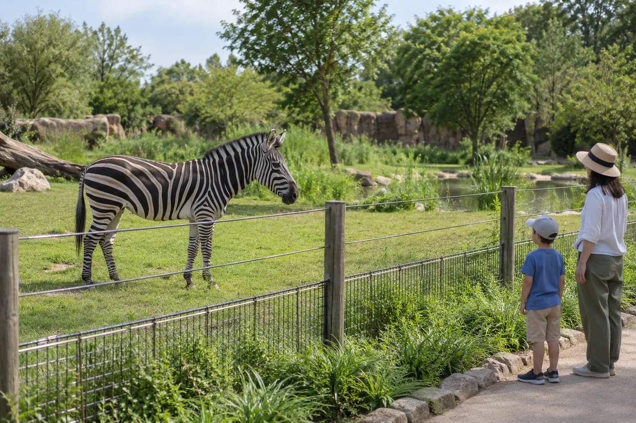 Zèbre réaliste derrière une clôture de zoo, au corps rayé bien visible, avec des visiteurs sur l'allée