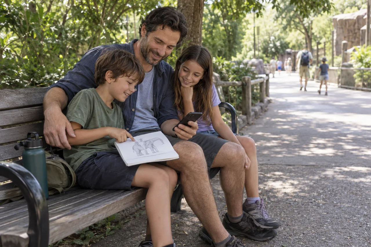 Une famille se reposant sur un banc ombragé du zoo et comparant un dessin avec une photo du téléphone