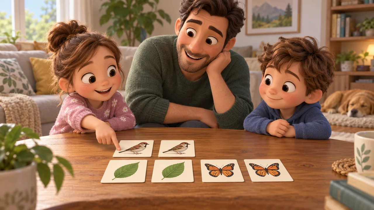 Una famiglia gioca a un gioco di coppie di carta con immagini abbinate di uccelli, foglie e farfalle.