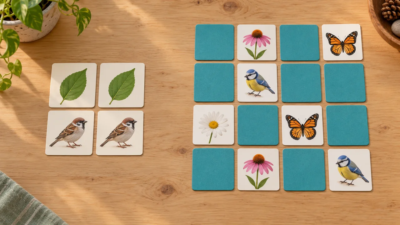 Due schemi di carte di carta mostrano un piccolo tavolo da principianti accanto a uno più grande con immagini della natura.