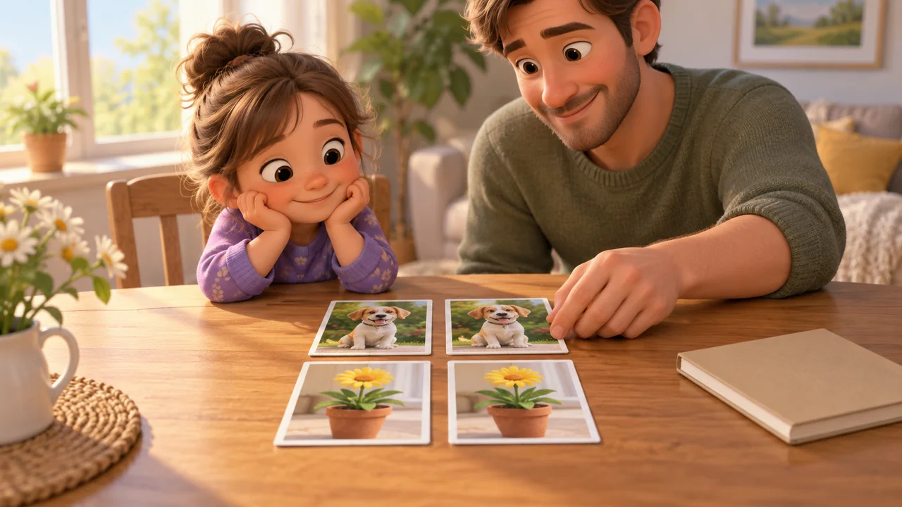 Un genitore e un bambino sistemano coppie di carte con foto generiche di animali domestici e fiori accanto a un quaderno vuoto.