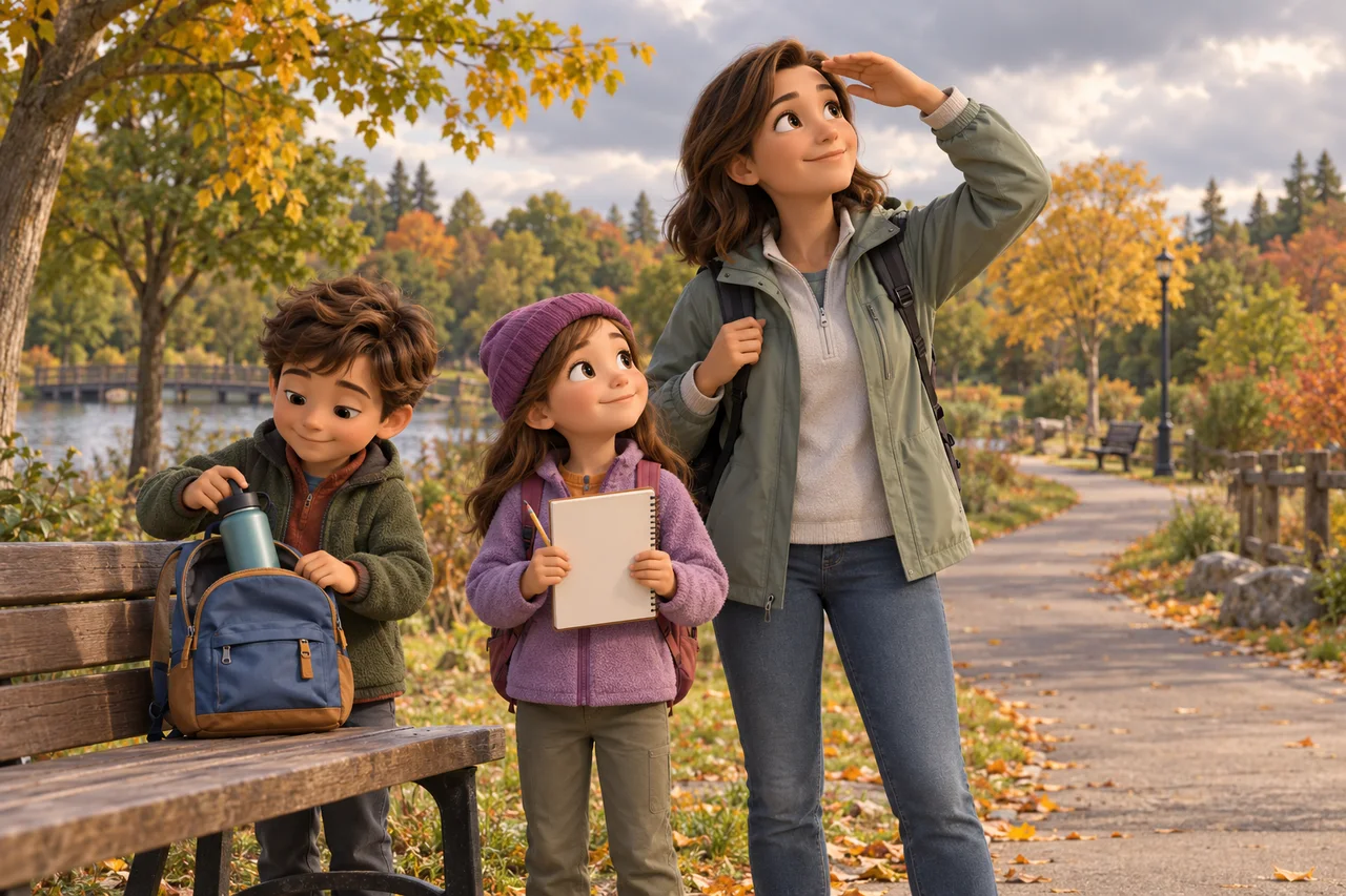 Una famiglia prepara un piccolo zaino e un quaderno accanto a un sentiero autunnale del parco.
