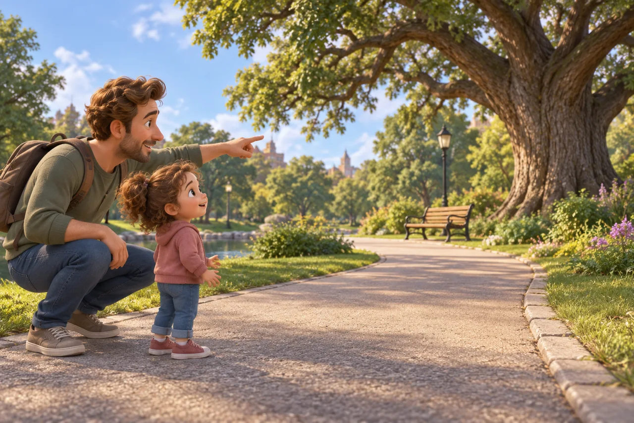 Un genitore e un bambino piccolo parlano dei punti di riferimento lungo un sentiero del parco