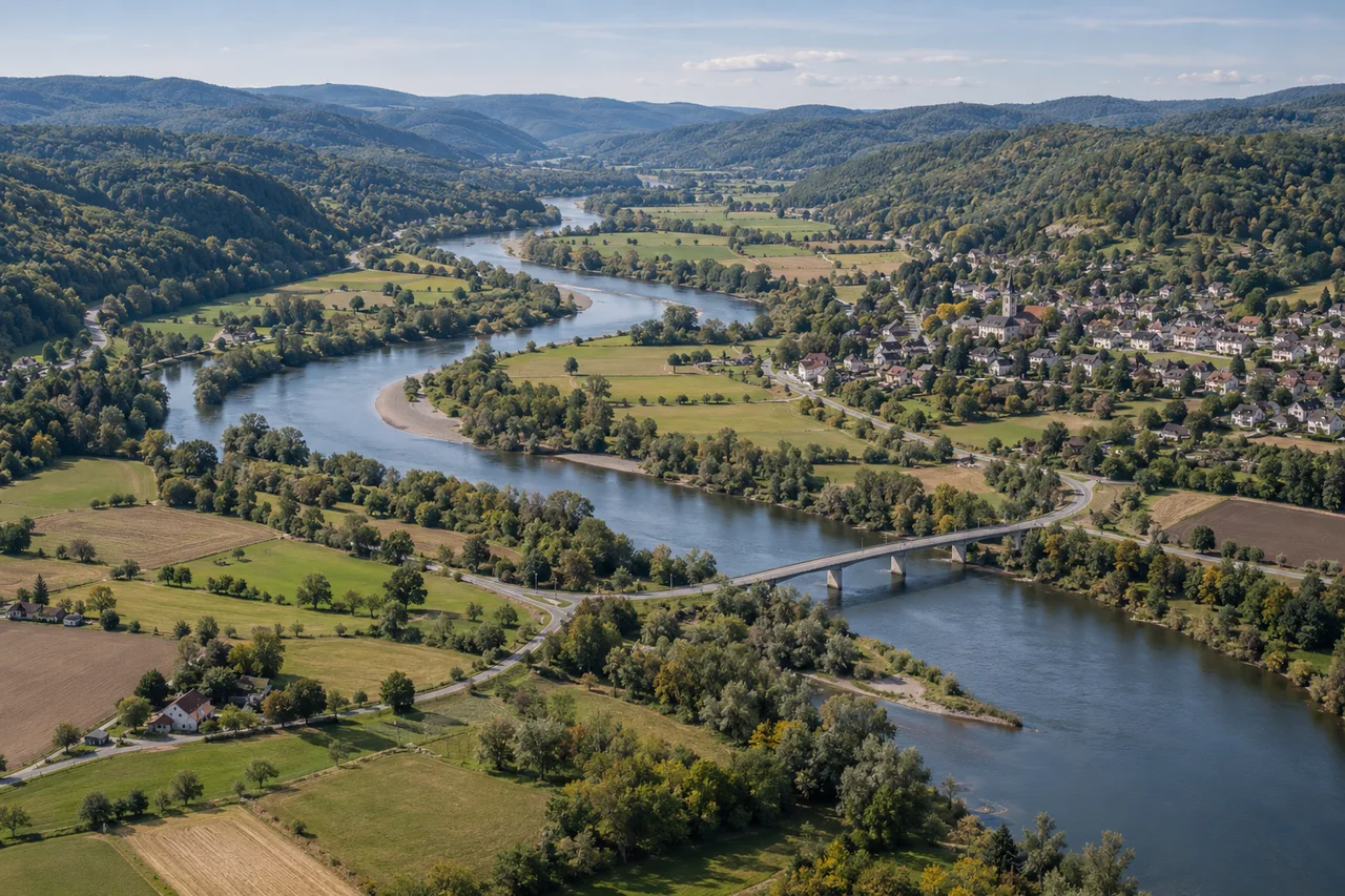 Illustrazione realistica dall'alto di una valle fluviale con campi coltivati, una città e un ponte