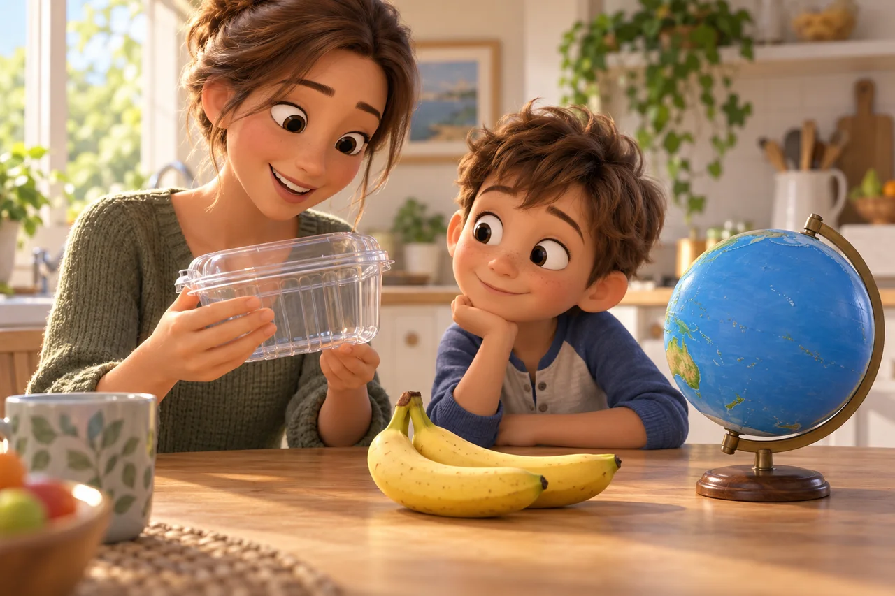 Una famiglia esamina una confezione di frutta e un mappamondo sul tavolo della cucina