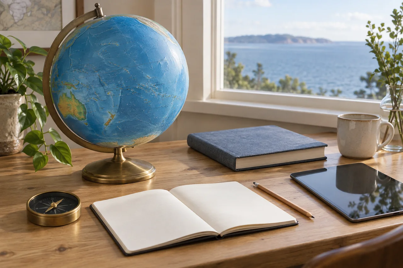 Materiali per imparare la geografia: un mappamondo, una bussola, un quaderno e un tablet con lo schermo spento