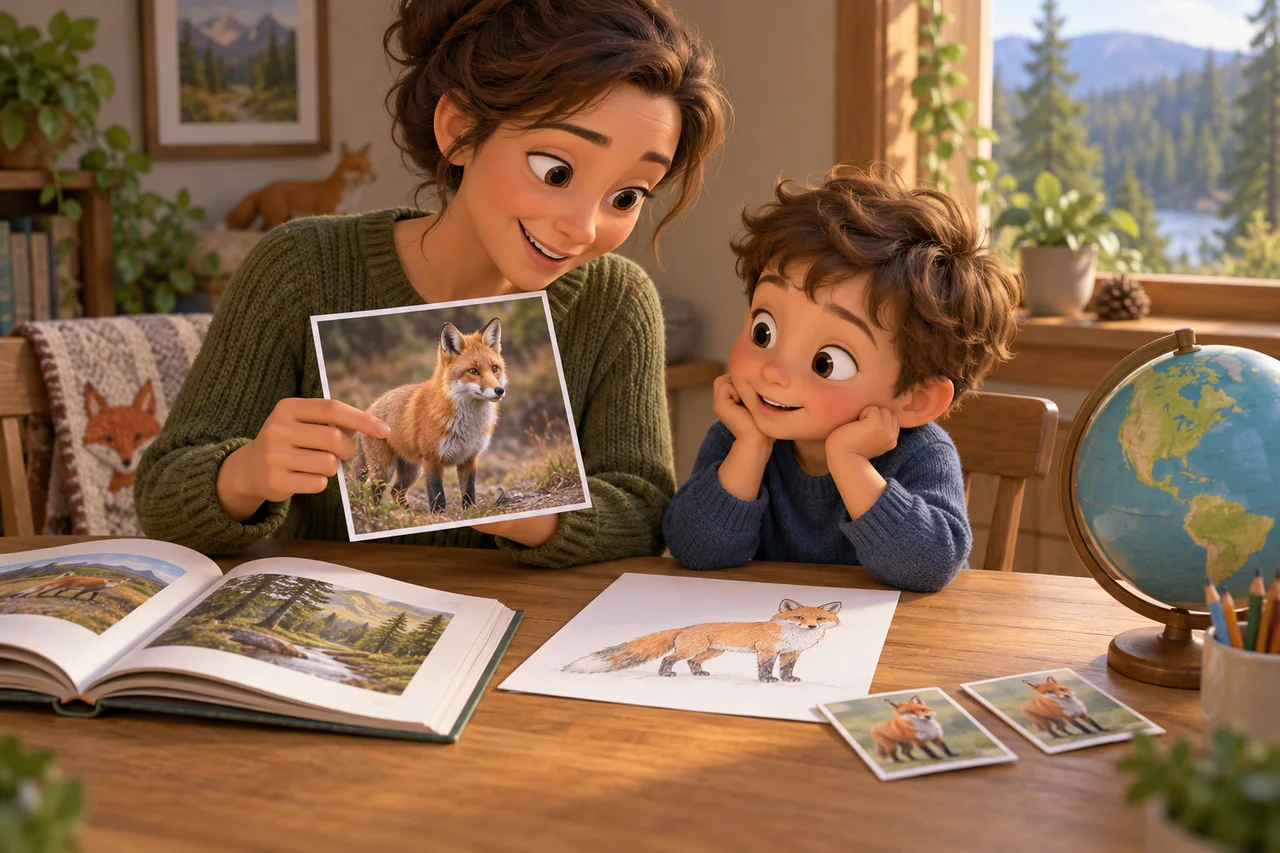 Un genitore e un bambino collegano la fotografia di una volpe con un libro, un disegno, carte da abbinare e un mappamondo su un tavolo