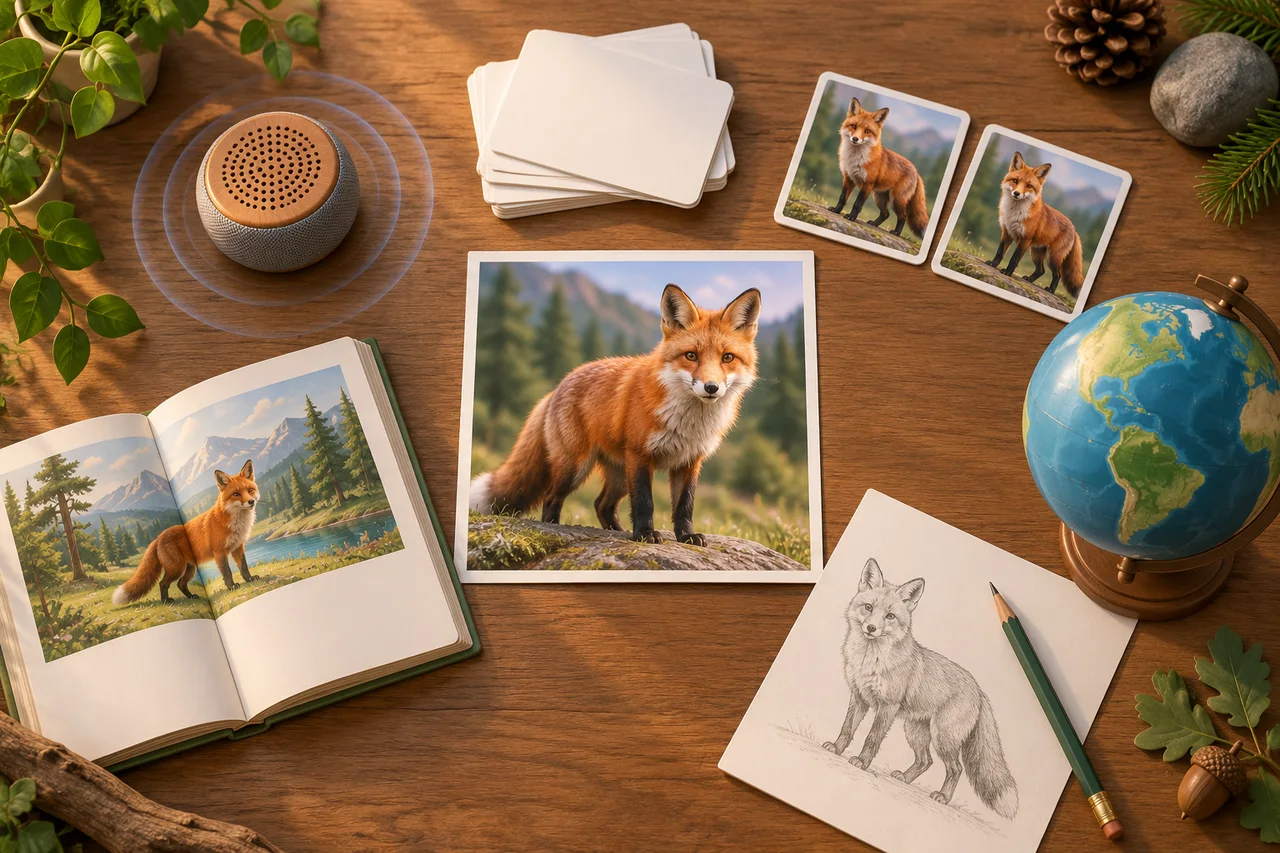 Une image de renard entourée de six objets d'apprentissage simples : formes de sons, cartes de questions, paires, un crayon, un globe et un livre d'histoires