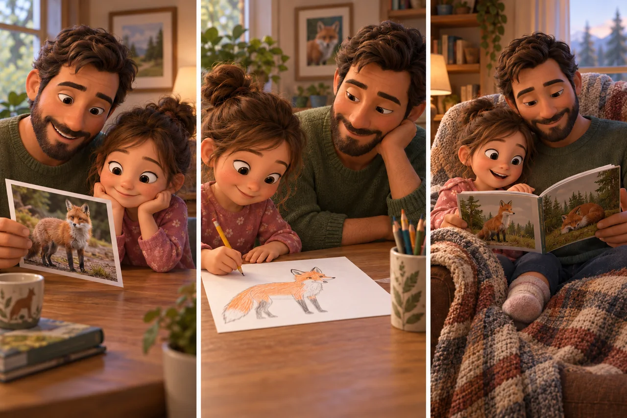 Un enfant et un parent retrouvent une photo de nature, font un dessin simple et lisent ensemble, en trois scènes chaleureuses
