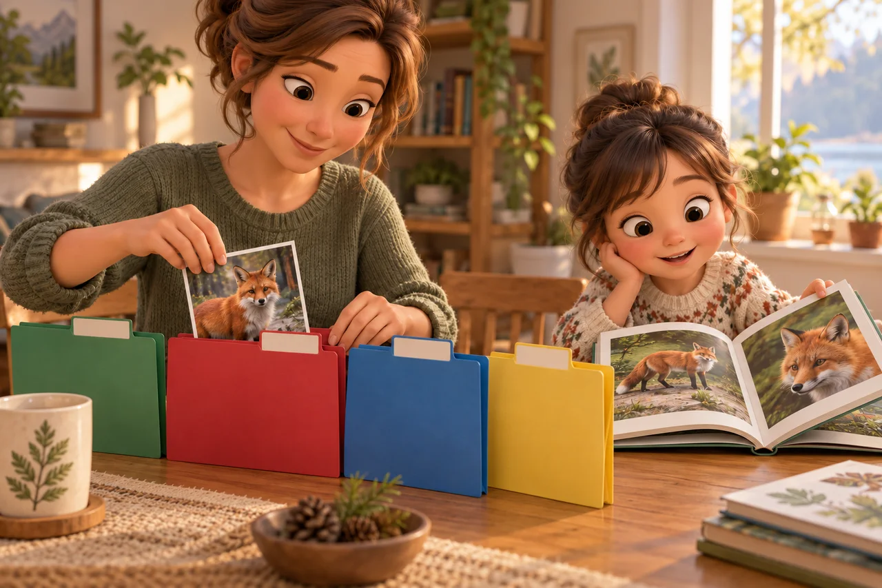 Un parent range une photo de nature dans différents dossiers d'activités pendant qu'un enfant choisit un livre
