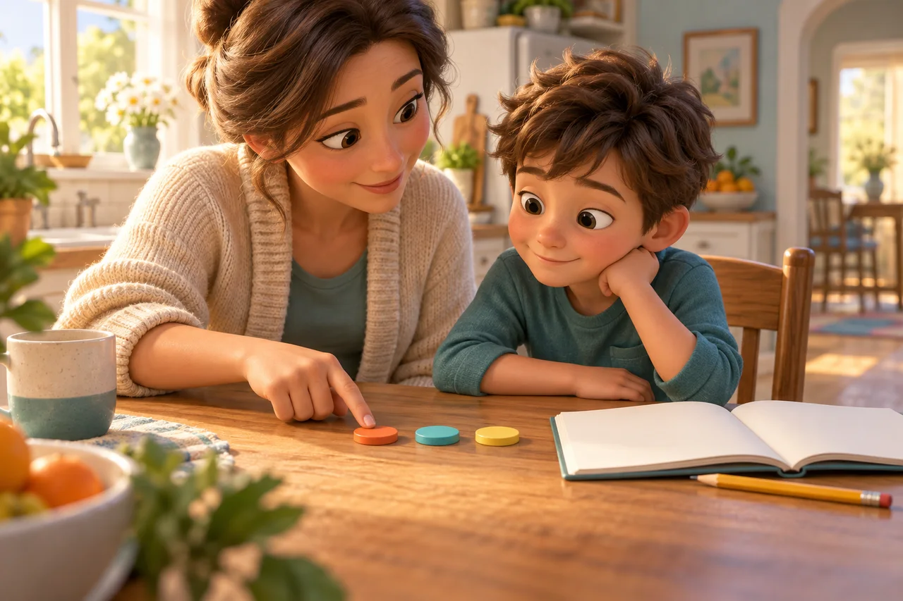 Un genitore e un bambino che lavorano insieme con segnalini dei suoni e un quaderno