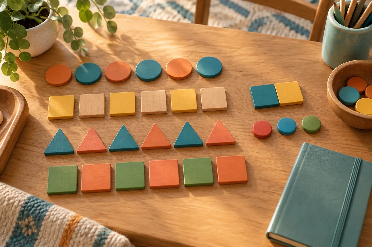 Tessere colorate vuote raggruppate per schemi ortografici su un tavolo di studio in famiglia