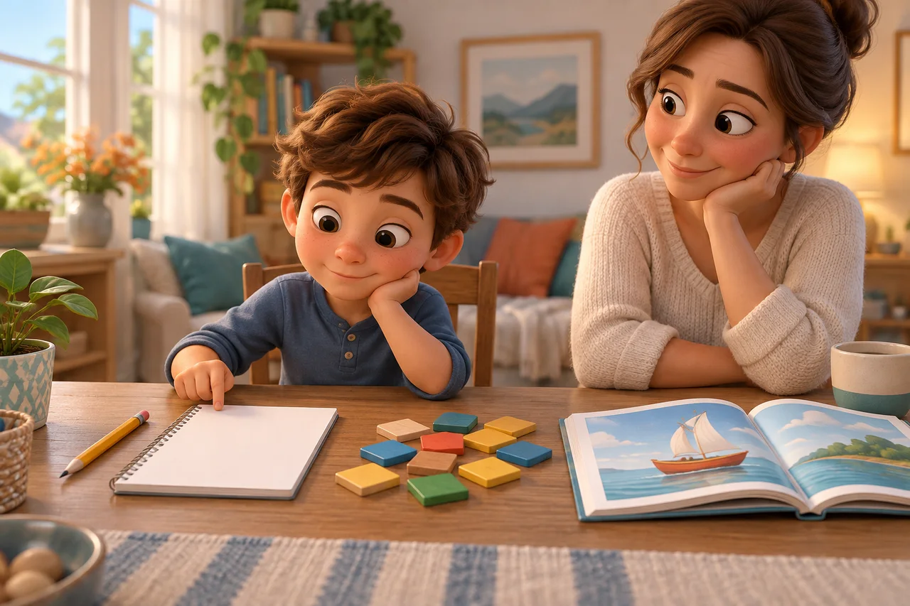 Un bambino che sceglie tra una matita, tessere di parole vuote e un libro illustrato