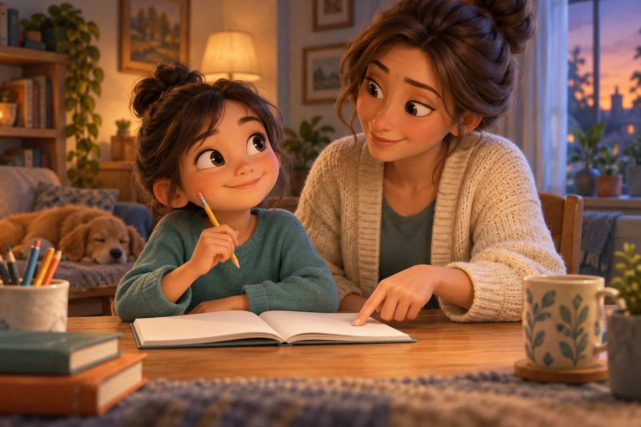 Un bambino che rivede una pagina del quaderno accanto a un genitore calmo e incoraggiante