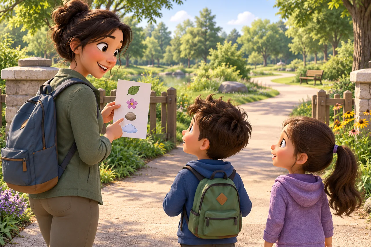 Una famiglia pianifica una breve caccia nella natura all'ingresso di un parco con una lista illustrata e un sentiero ben visibile.