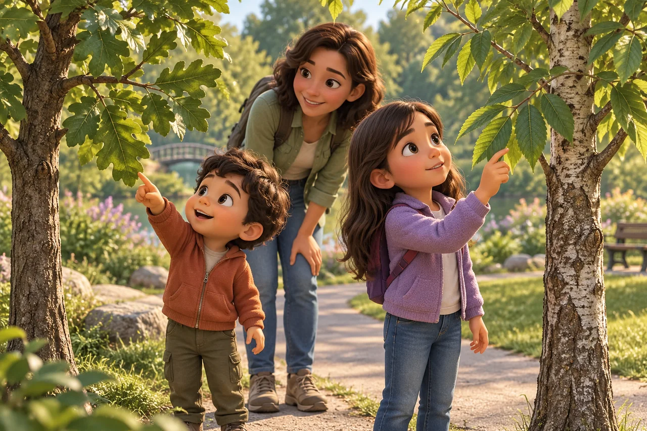 Deux enfants comparent des feuilles de deux arbres voisins, aidés par un adulte qui leur fait remarquer la forme et l'écorce.