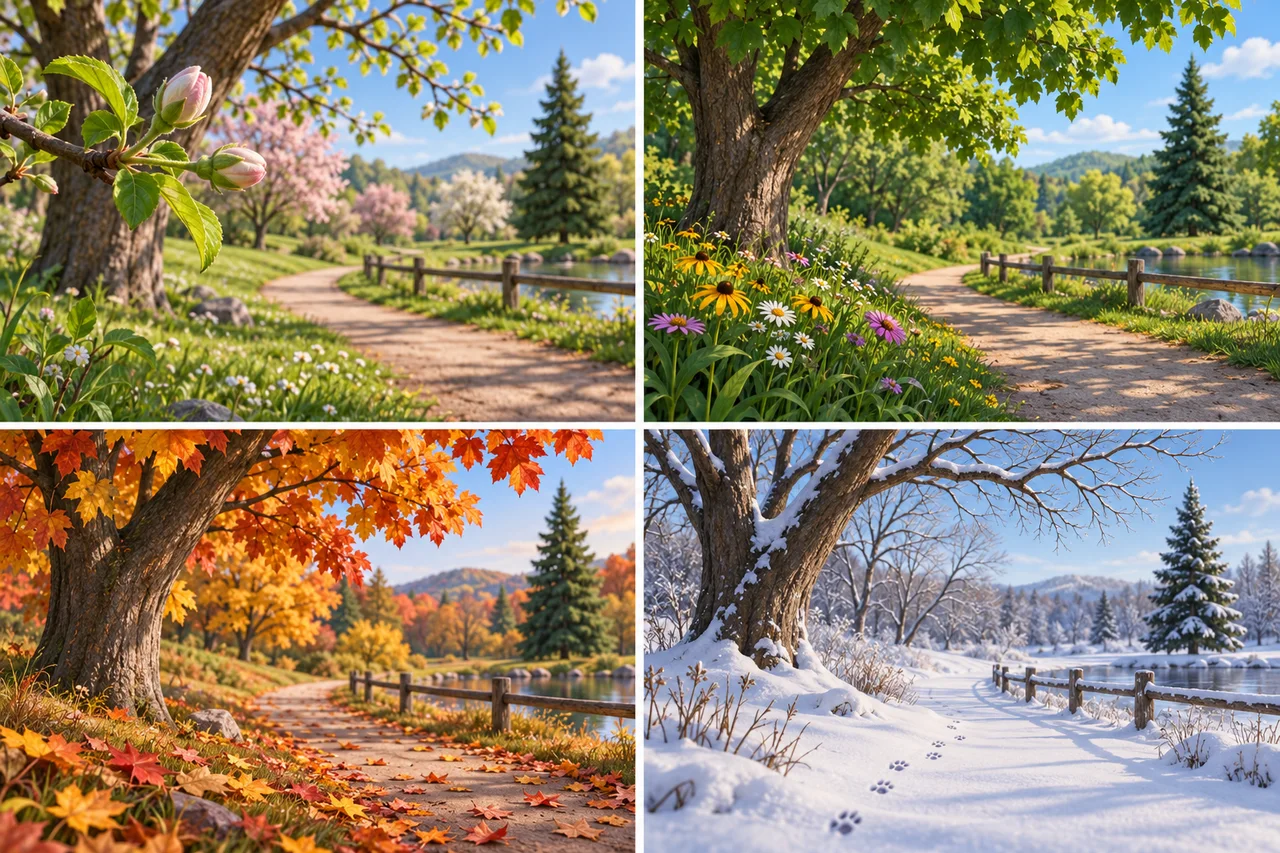 Quatre vues saisonnières d'un même parc : un bourgeon au printemps, des fleurs en été, des feuilles en automne et des traces en hiver, tous laissés en place.