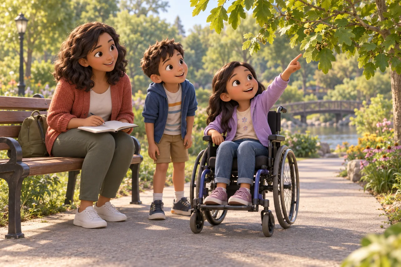Une famille dont un enfant en fauteuil roulant partage ses observations sur un large chemin de parc, près d'un banc.