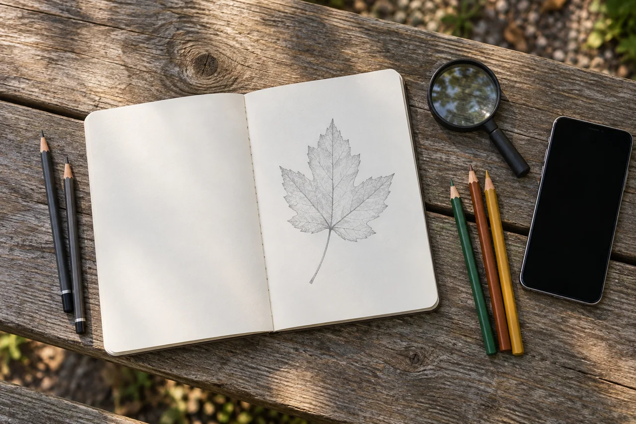 Un quaderno, matite, una lente d'ingrandimento e un telefono disposti come un semplice kit per il diario della natura