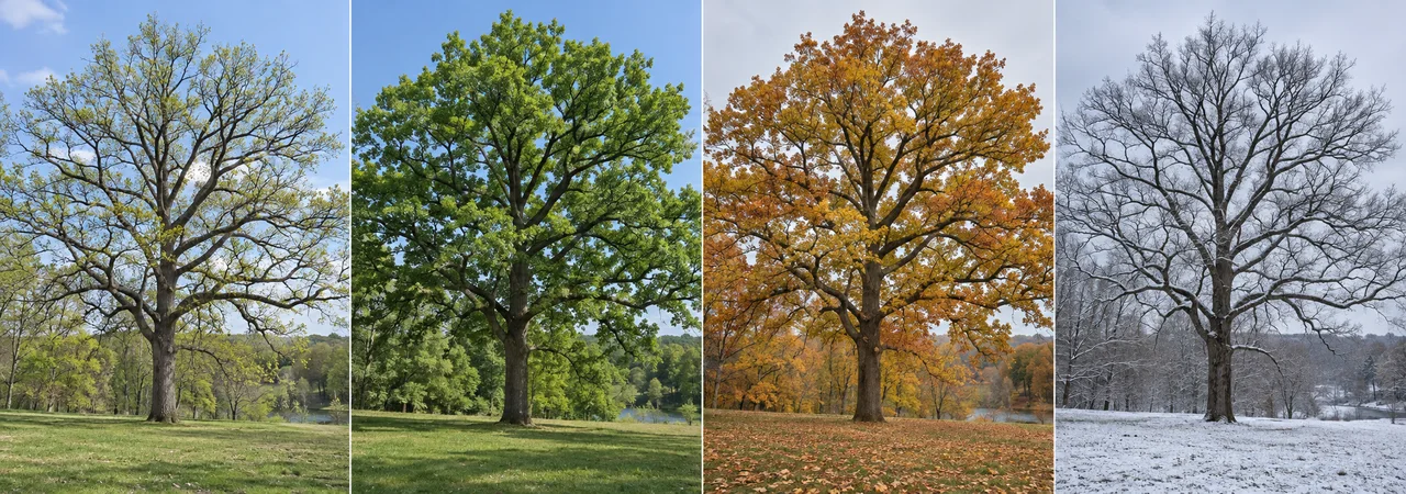 Quattro vedute realistiche di uno stesso albero a foglie caduche con la crescita primaverile, le foglie estive, i colori autunnali e i rami spogli invernali