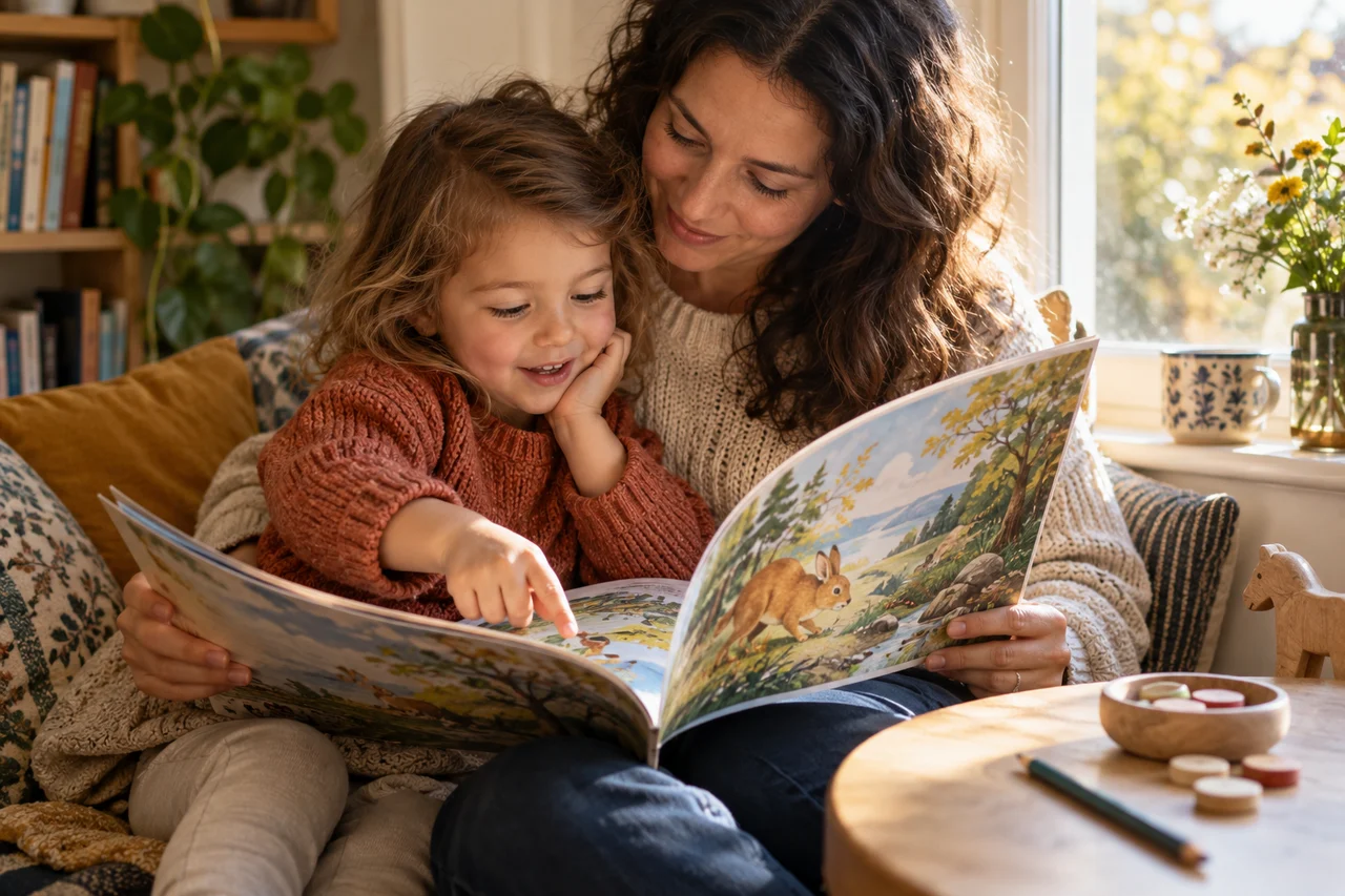Un genitore e un bambino che condividono un libro illustrato accanto a semplici materiali didattici