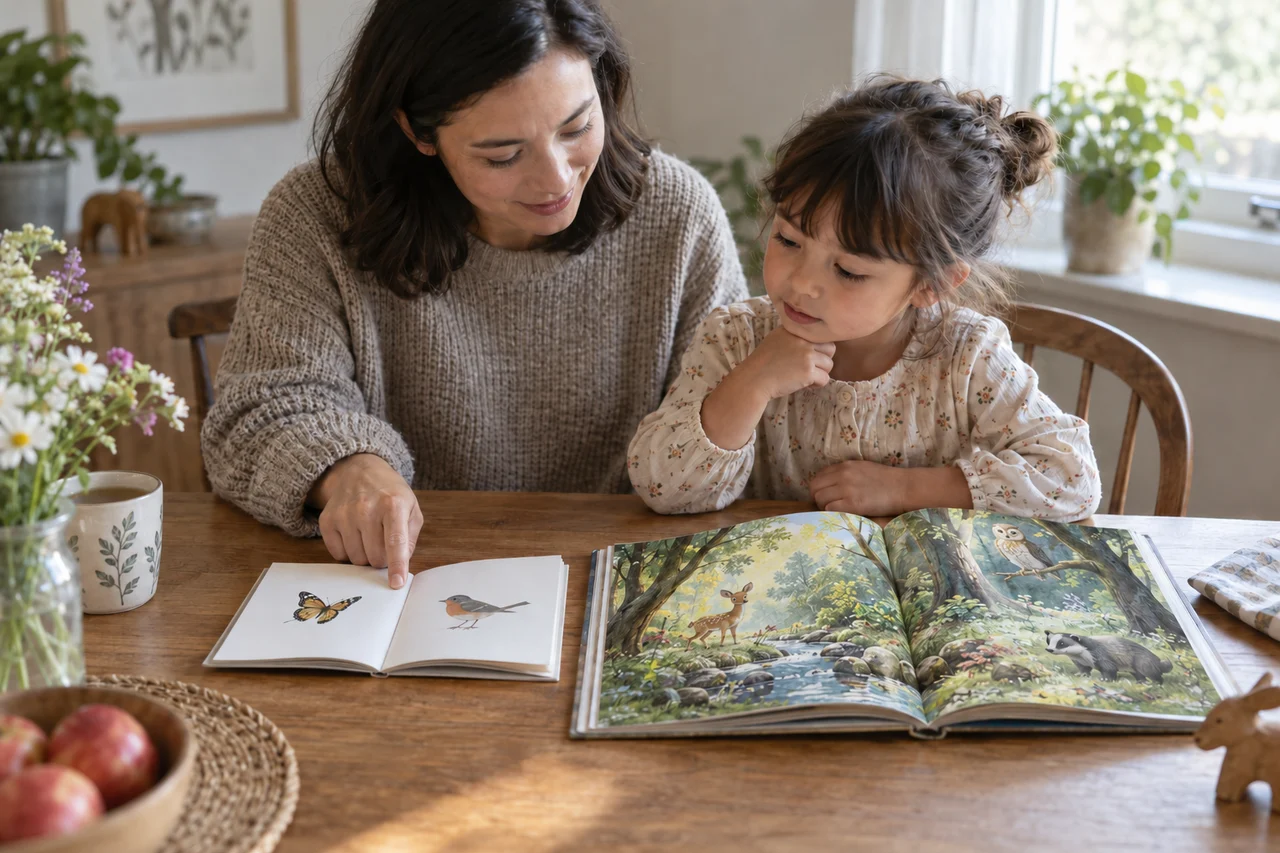 Uma família escolhendo entre um livrinho de prática simples e um livro de histórias ricamente ilustrado