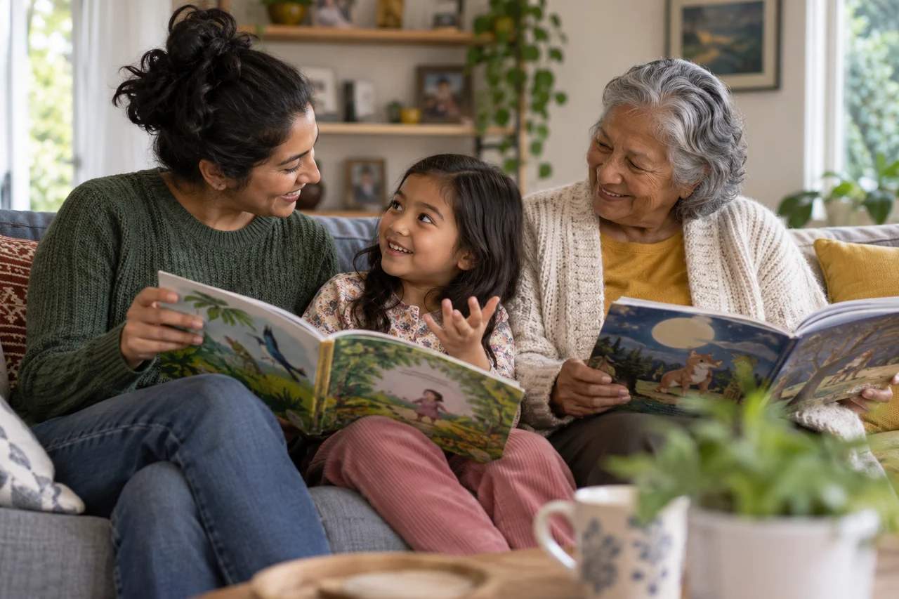 Uma criança e dois familiares curtindo juntos livros ilustrados diferentes