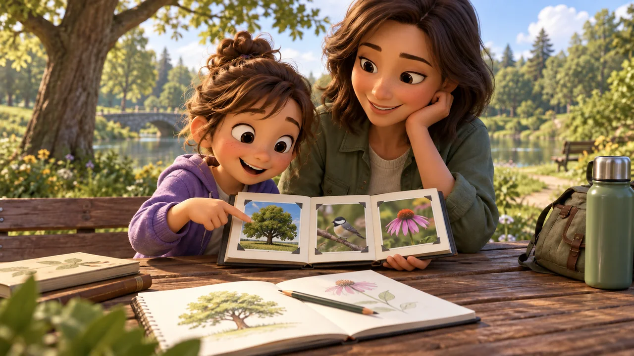 Un bambino e un genitore che guardano un album di immagini della natura accanto a un album da disegno a un tavolo del parco