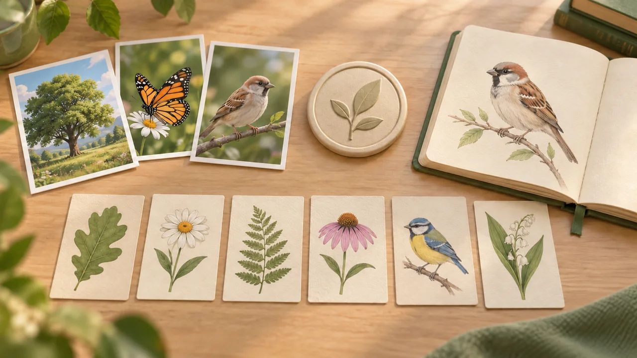Une comparaison illustrée de cartes photo de la nature, d'un jeton de badge, d'un carnet d'oiseaux et de fiches d'observation en papier