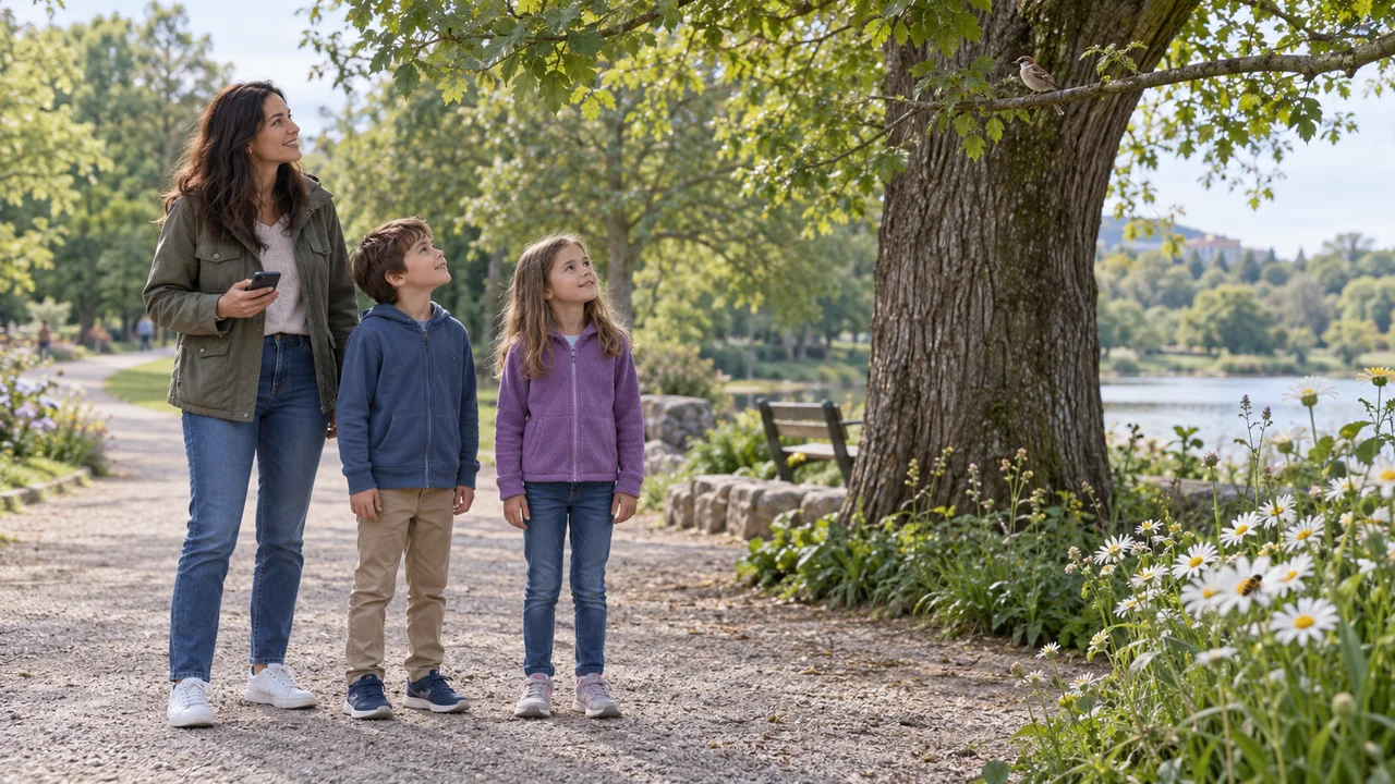 Une famille sur un chemin de parc regarde un arbre, un oiseau au loin et une fleur avec un insecte