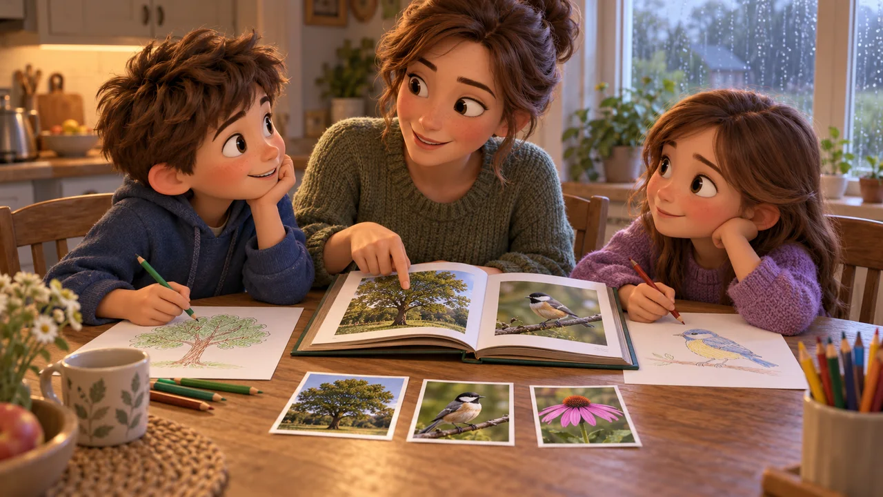 Deux enfants et un parent font des dessins à partir de photos de nature sur une table de cuisine