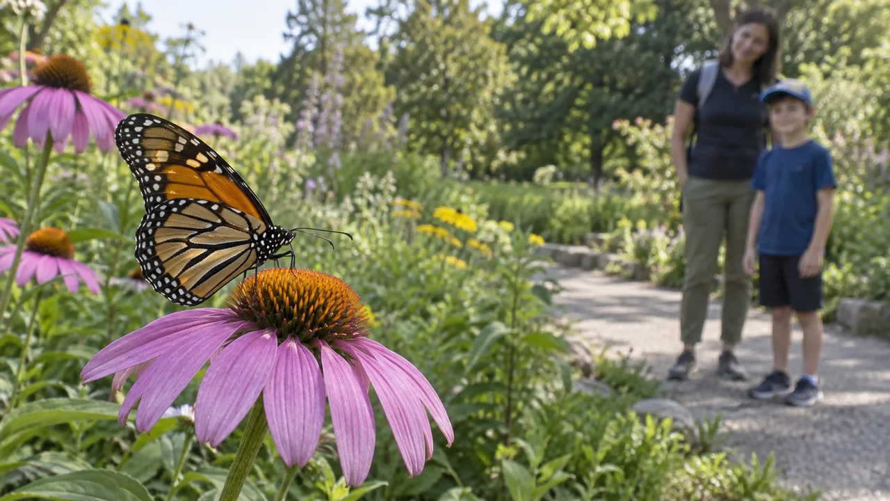 Un parent et un enfant observent un papillon sur une fleur depuis un chemin, les mains éloignées