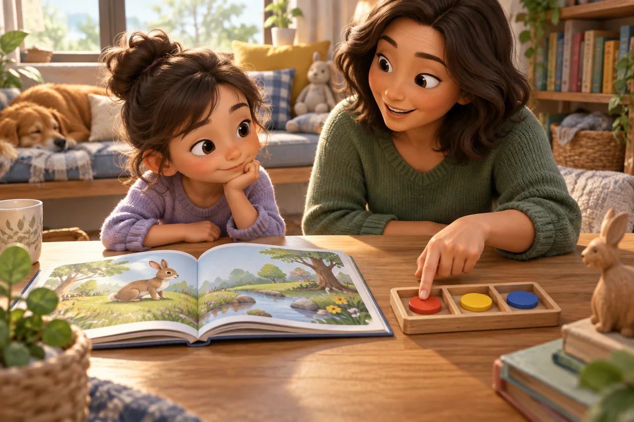 Un bambino e un adulto che esplorano segnalini dei suoni accanto a un libro illustrato