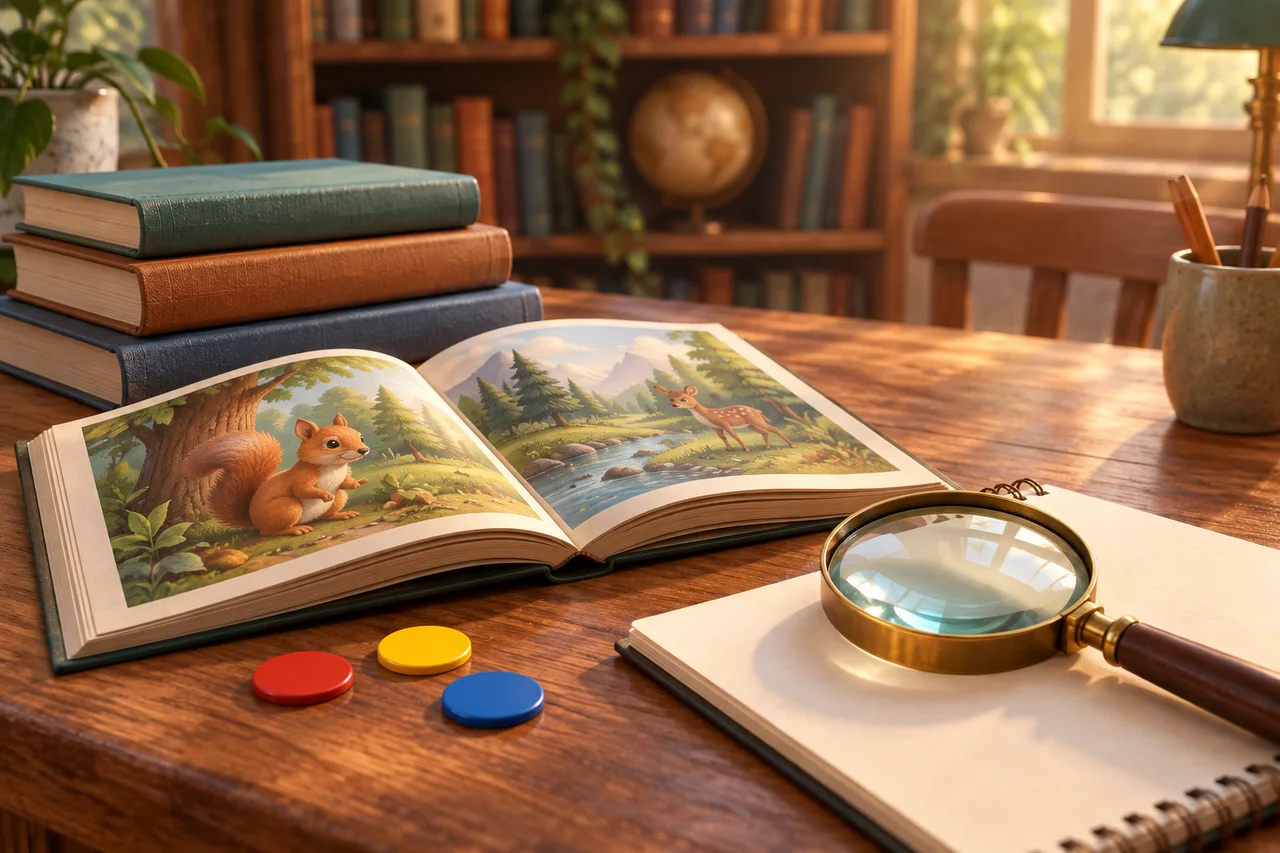 Libri, segnalini dei suoni e una lente d'ingrandimento disposti su un tavolo di studio