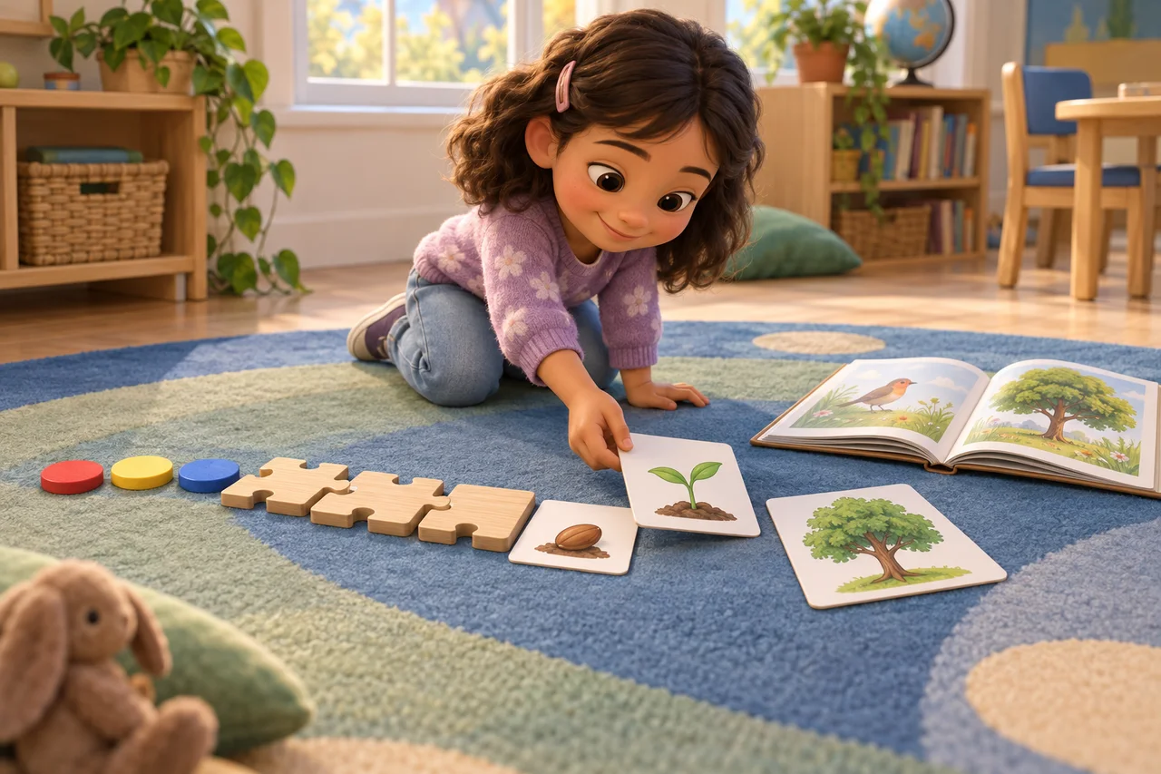 Un bambino che costruisce un percorso di apprendimento con segnalini dei suoni, carte illustrate e un libro