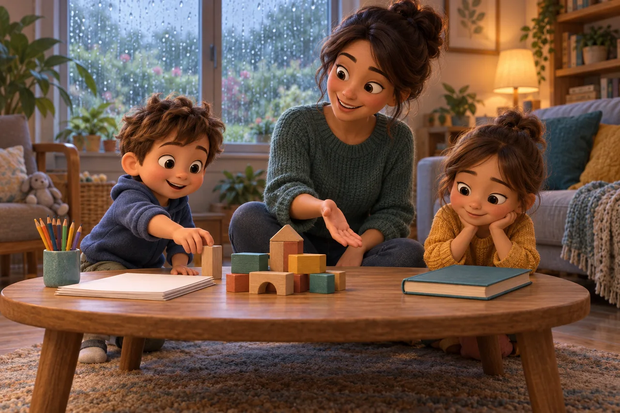 Un genitore e due bambini che scelgono tra carta, mattoncini e un libro accanto a una finestra piovosa