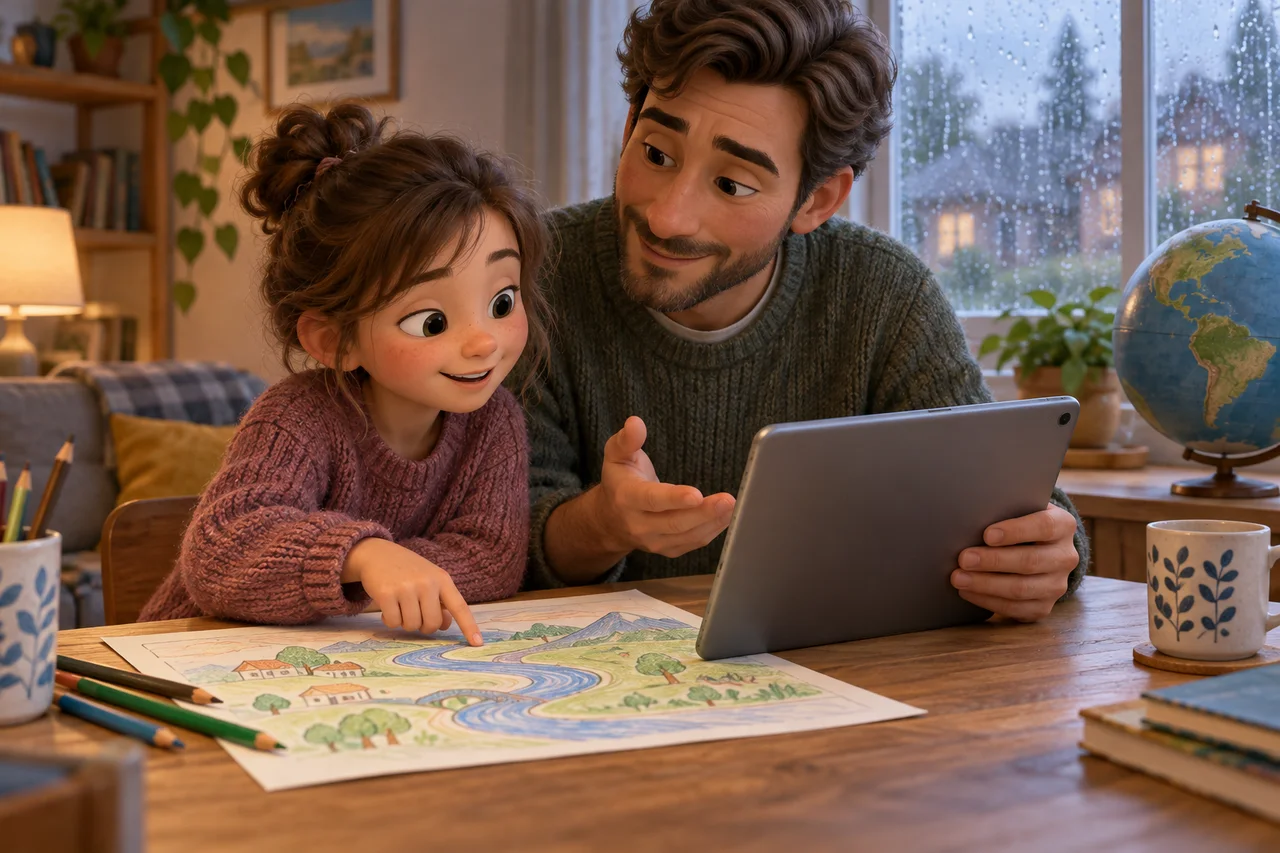 Un bambino e un genitore che usano insieme un tablet con un disegno su carta e un mappamondo vicino