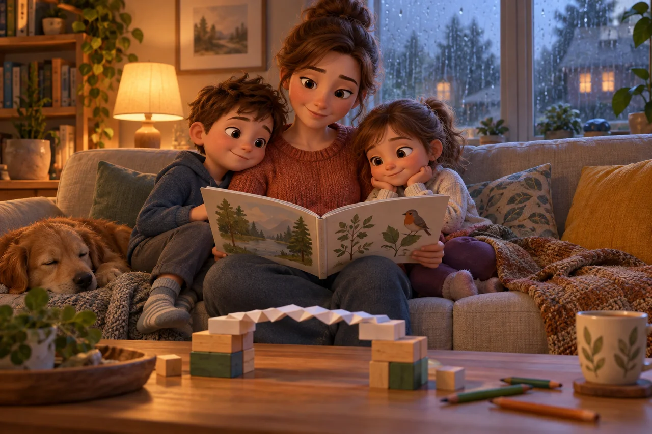 Una famiglia che lascia un ponte di carta su un tavolo mentre si sistema per una accogliente pausa di lettura condivisa